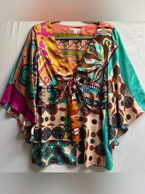 Alice & Trixie 100% Silk Plunging Tie Front Smocked Blouse Size L